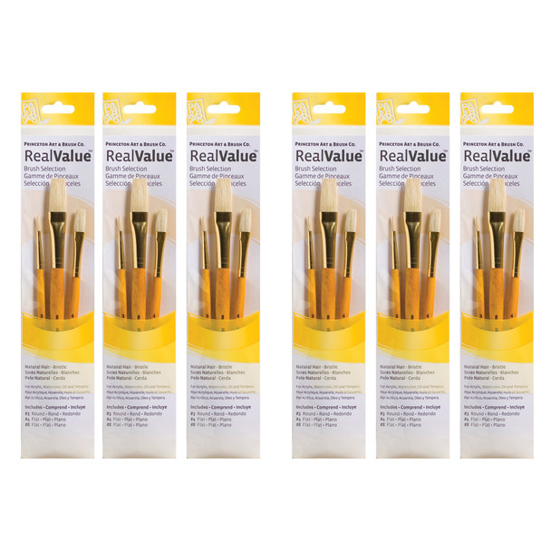 RealValue Brush Set, Natural Bristles, Short Handle Mixed Media Paintbrush, Yellow, 3 Per Set, 6 Sets - PBXPR9103-6
