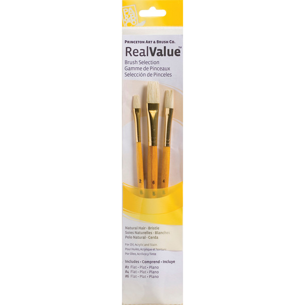 RealValue Brush Set, Natural Bristles, Short Handle Mixed Media Paintbrush, Yellow, 3 Pieces - PBXPR9104