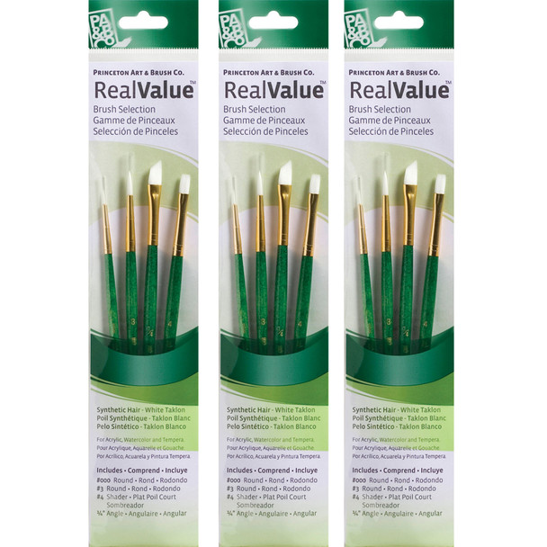 RealValue Brush Set, White Taklon Bristles, Short Handle Mixed Media Paintbrush, Green, 4 Per Set, 3 Sets