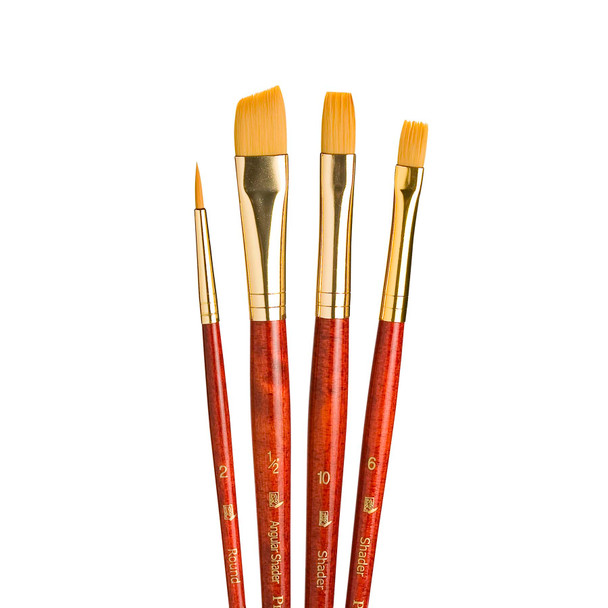 RealValue Brush Set, Gold Taklon Bristles, Short Handle Mixed Media Paintbrush, Red, 4 Pieces