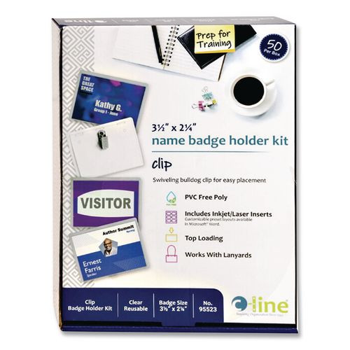 Clip Style Name Badge Holder Kit, Sealed Holders with Inserts, 3-1/2" x 2-1/4", Box of 50