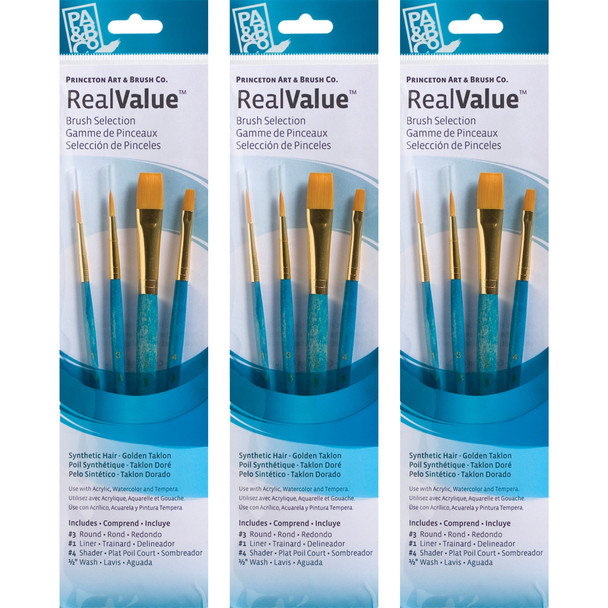 RealValue Brush Set, Gold Taklon Bristles, Short Handle Mixed Media Paintbrush, Blue, 4 Per Set, 3 Sets - PBXPR9172-3