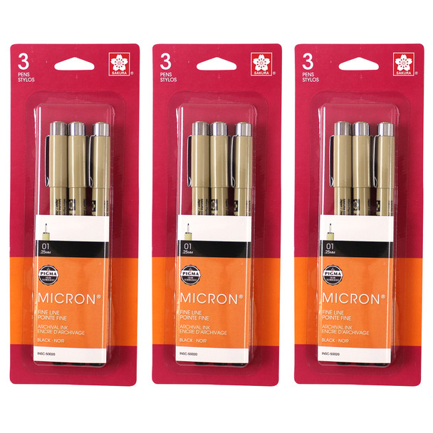 Pigma Micron Pens, Size 01 Fine Point, Black, 3 Per Set, 3 Sets