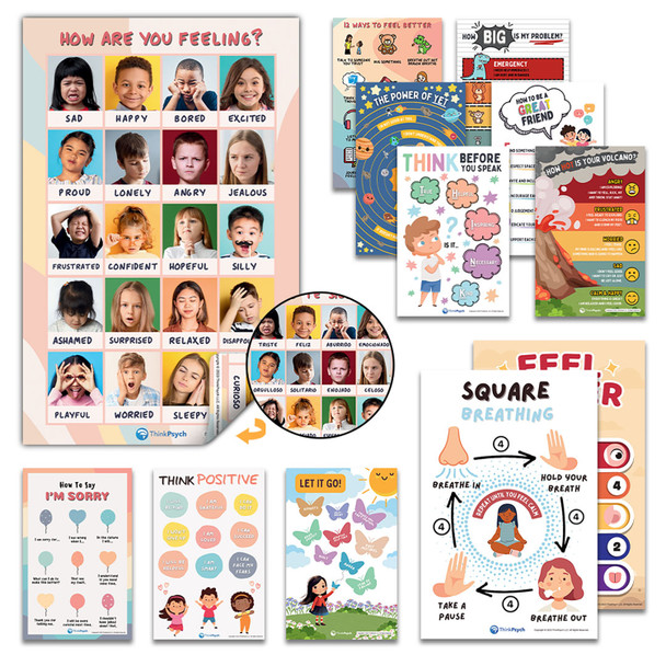 Laminated Feelings & Life Skills Posters for Kids, 11" x 17", English & Spanish, Set of 12