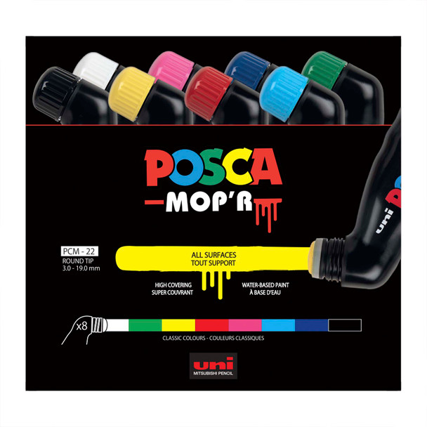 uni POSCA MOP'R PCM-22 Water-Based Paint Markers, Round Tip (3.0-19.0mm), Assorted Colors, 8 Pack