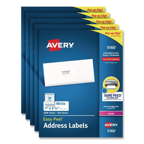 Easy Peel White Address Labels With Sure Feed Technology, Laser, 1 X 2.63, 30/sheet, 100 Sheets/pack, 5 Packs/carton