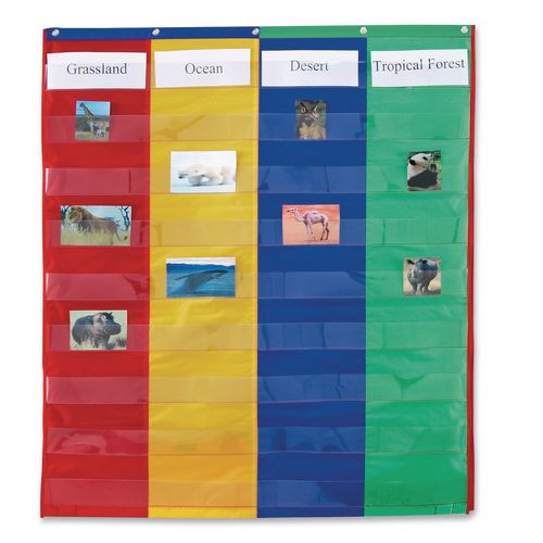Two- And Four-column Double-sided Pocket Chart, 9 Pockets/chart, 30 X 38, Blue/green/red/yellow