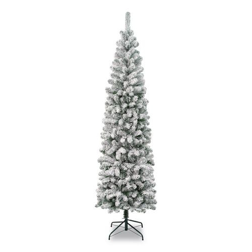 Acacia Pencil Slim Flocked Tree, 26" X 26" X 88.5", Green Tree, Green Tree Stand