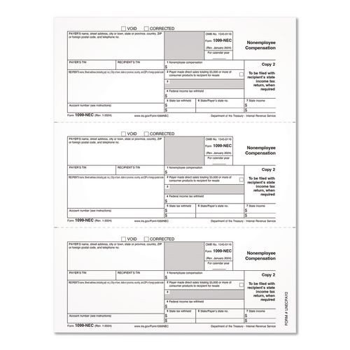 2024 1099-nec Copy 1 Or 2 Laser/inkjet Tax Forms, 8.5 X 3.66, 3 Forms/sheet, 150 Forms Total