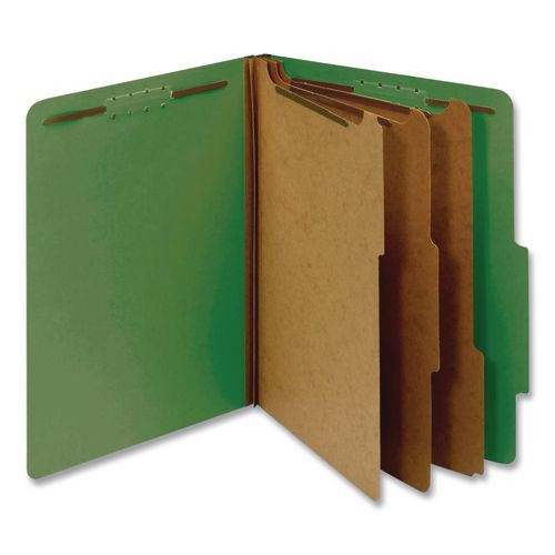 Pressboard Top Tab Classification Folders, 2/5-cut Tab, Expands 3.5", 3 Dividers, 8 Fasteners, Letter Size, Dark Green, 10/bx
