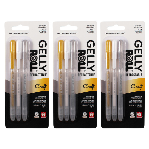 Retractable Craft Gel Pens, 08 Medium Point, Assorted Colors, 3 Per Set, 3 Sets