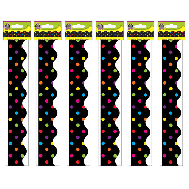 Multicolor Dots on Black Scalloped Border Trim, 35 Feet Per Pack, 6 Packs