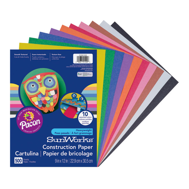 Construction Paper, Medium Weight, 10 Assorted Colors, 9" x 12", 500 Sheets