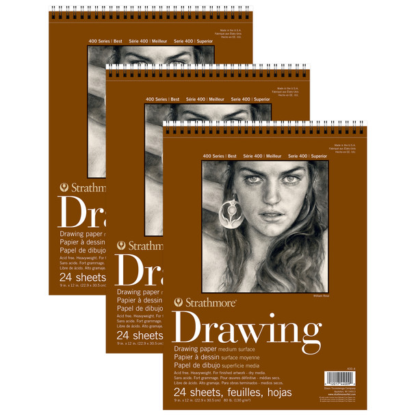400 Series Drawing Pad, Smooth Finish, Wire Binding, 24 Sheet, 9x12 inch, Pack of 3