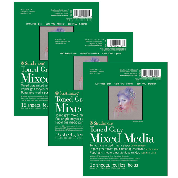 400 Series Mixed Media Pad, Toned Gray, Glue Binding, 15 Sheet, 6x8 inch, Pack of 3