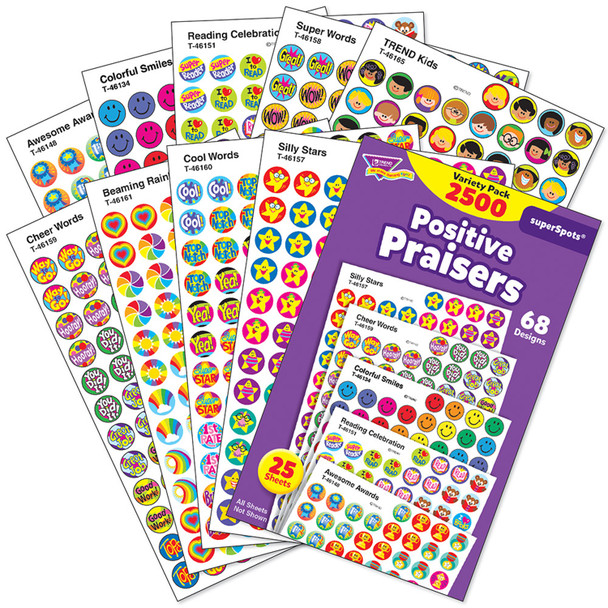 Positive Praisers superSpots® Stickers Variety Pack, 2500 Per Pack, 3 Packs Positive Praisers superSpots® Stickers Variety Pack, 2500 Per Pack, 3 Packs