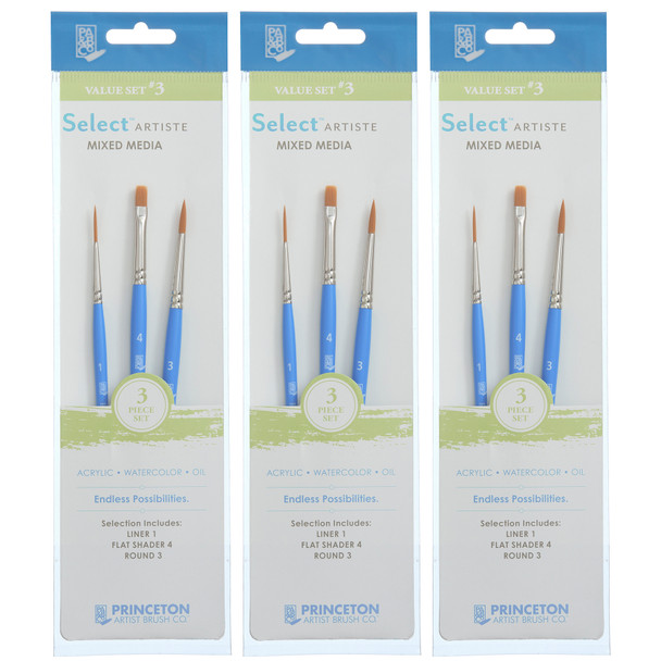 Select Artiste Brush Set No. 3, Synthetic Bristles, Short Handle Mixed Media Paintbrush, Jewel Blue, 3 Per Set, 3 Sets