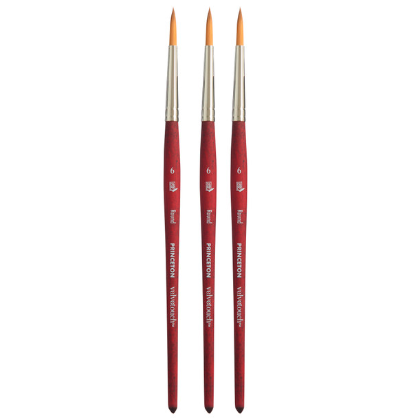 Velvetouch Round Brush, Synthetic Bristles, Short Handle Mixed Media Paintbrush, Scarlet, Size 6, Pack of 3