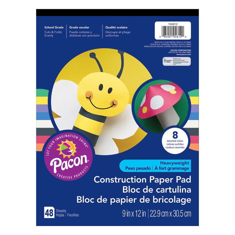 Construction Paper Pad, Medium Weight, 8 Assorted Colors, 9" x 12", 48 Sheets, Pack of 12