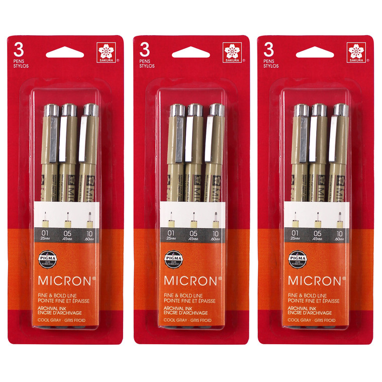 Pigma Micron Pens, Cool Gray, Assorted Sizes, 3 Per Set, 3 Sets