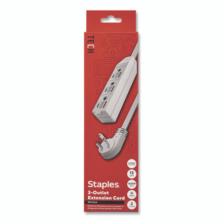 15 ft Extension Cord, 15 ft, 13 A, Gray, 2/Pack