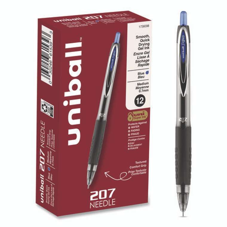 Signo 207 Needle Point Gel Pen, Retractable, Medium 0.7 mm, Blue Ink, Clear/Black/Blue Barrel, Dozen