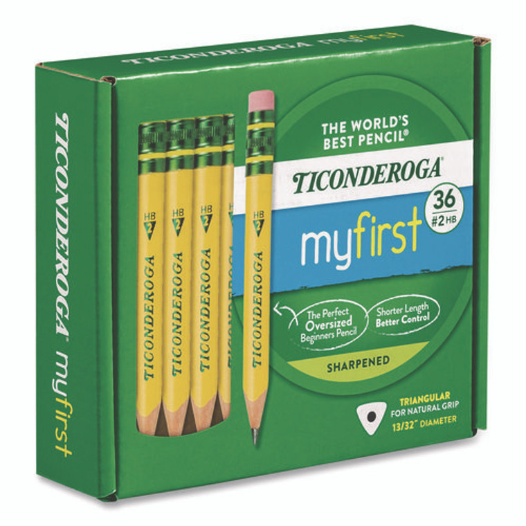 My First Short Pencil with Eraser, 3.6 mm, HB (#2), Black Lead/Yellow Barrel, 36/Pack