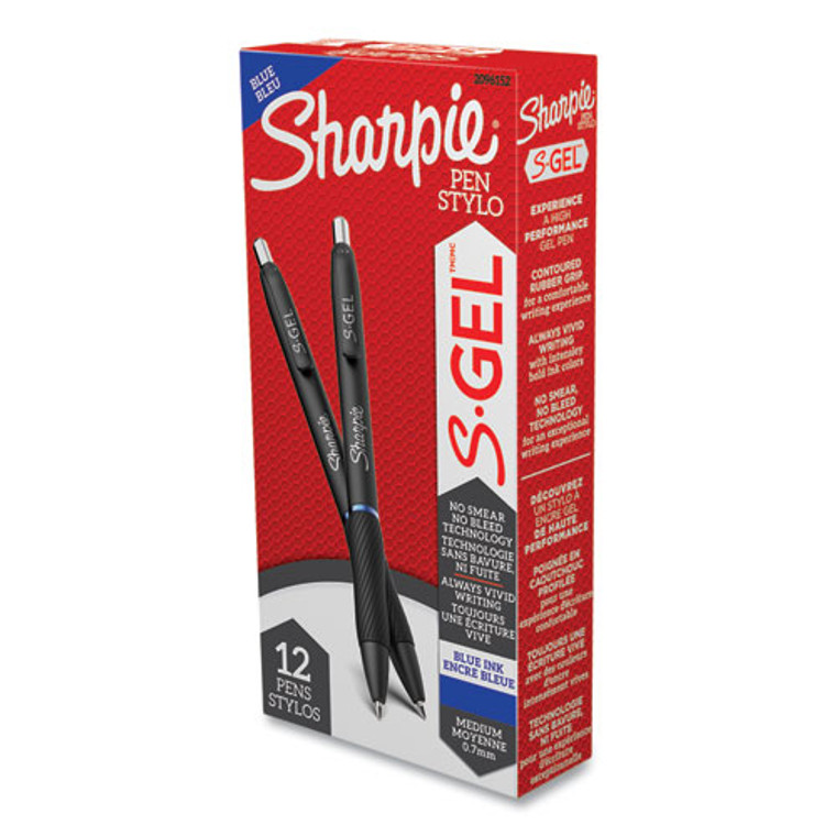 S-Gel High-Performance Gel Pen, Retractable, Medium 0.7 mm, Blue Ink, Black Barrel, Dozen
