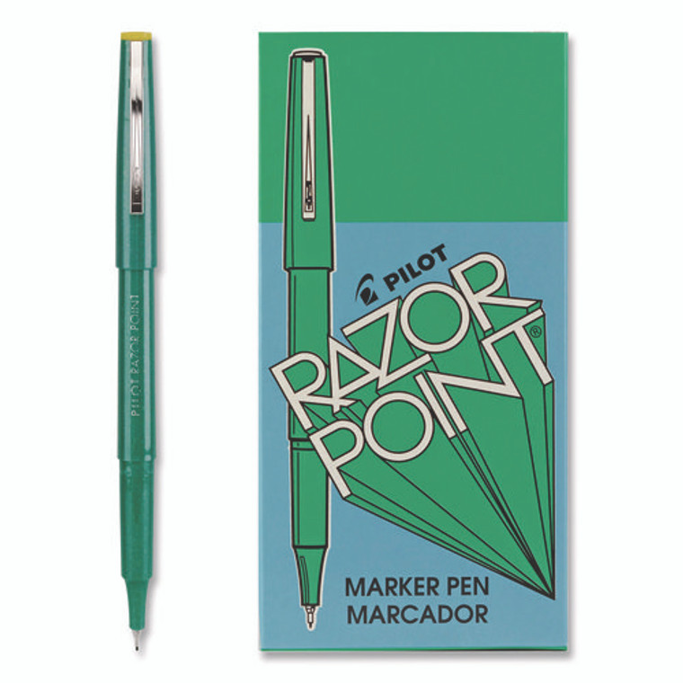 Razor Point Fine Line Porous Point Pen, Stick, Extra-Fine 0.3 mm, Green Ink, Green Barrel, Dozen