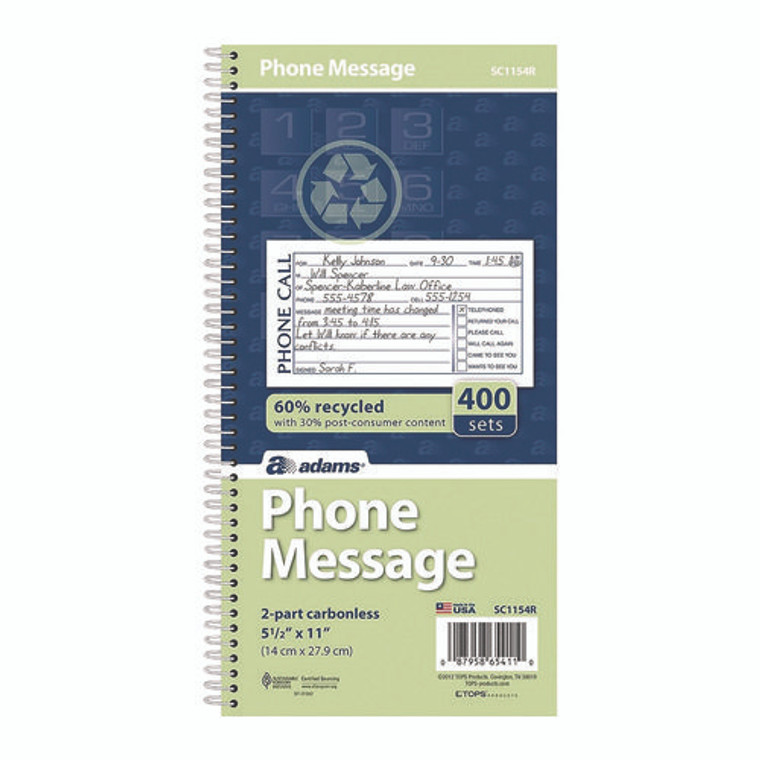 Wirebound Telephone Message Book, Two-Part Carbonless, 4.75 x 2.75, 4 Forms/Sheet, 400 Forms Total