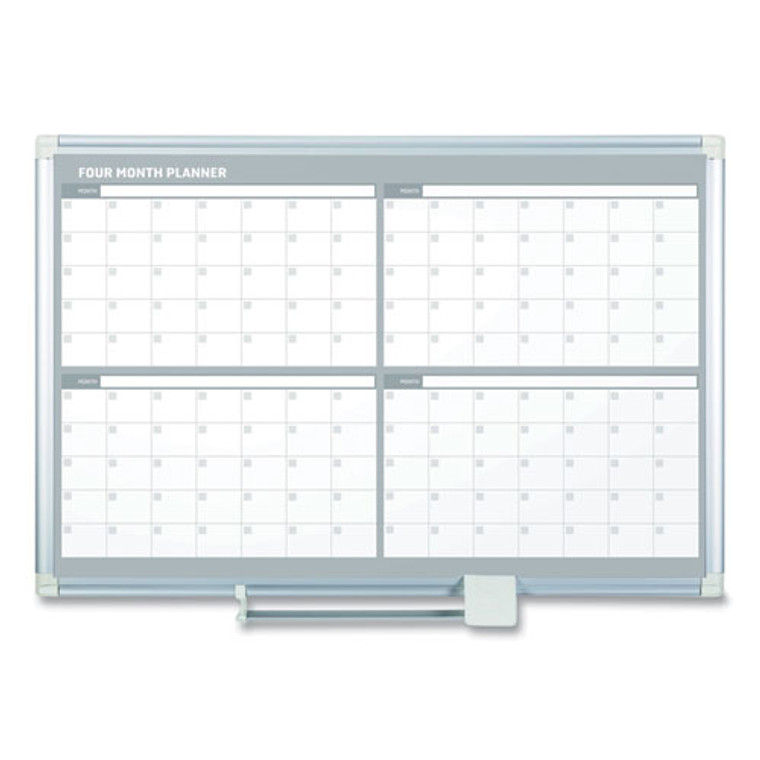 Magnetic Dry Erase Calendar Board, Four-Month Planning/Scheduling, 48" x 36", White Surface, Satin Aluminum Frame