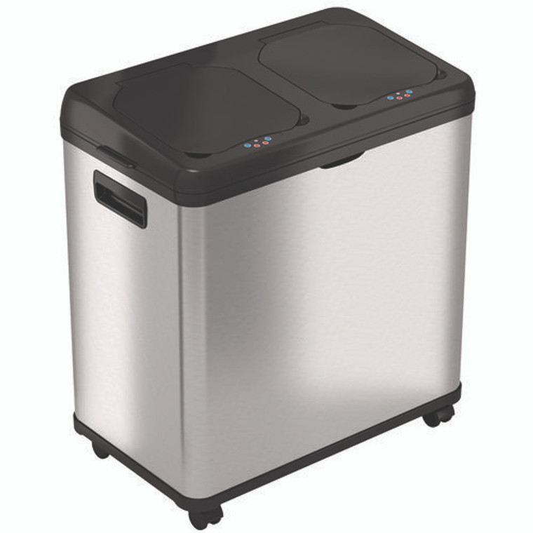 Dual Compartment Sensor Recycle Bin and Trash Can with Wheels, 16 gal, Plastic/Stainless Steel, Silver/Black