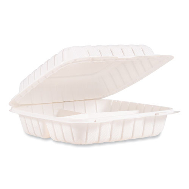 Hinged Lid Containers, 3 Compartments, 9 x 8.75 x 3, White, Plastic, 150/Carton