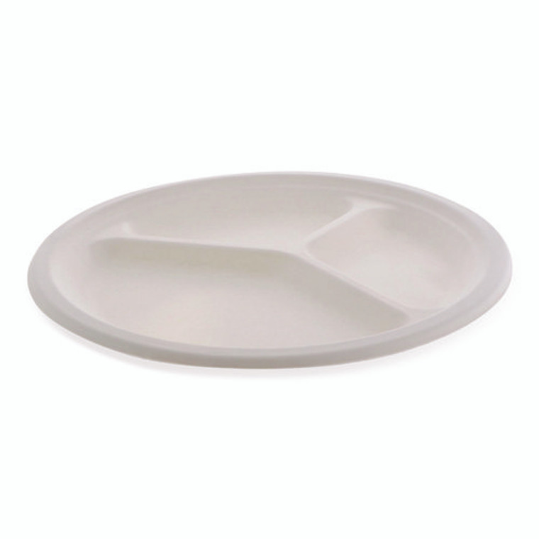 EarthChoice PFAS Free Compostable Dinnerware, 3-Compartment Plate, 10" dia, White, 500/Carton