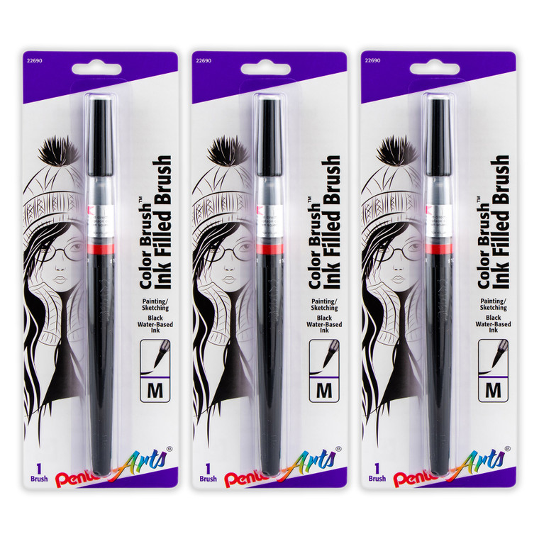 Color Brush with Water-Based Ink, Medium Tip, Black, Pack of 3
