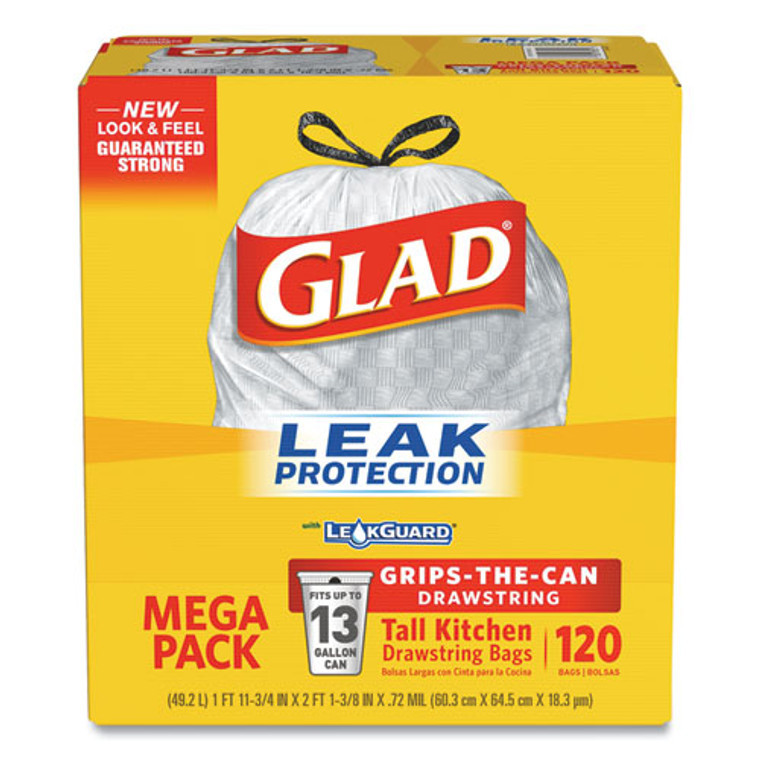 Tall Kitchen Drawstring Trash Bags with LeakGuard, 13 gal, Unscented, 23.47" x 25.38", White, 120/Box