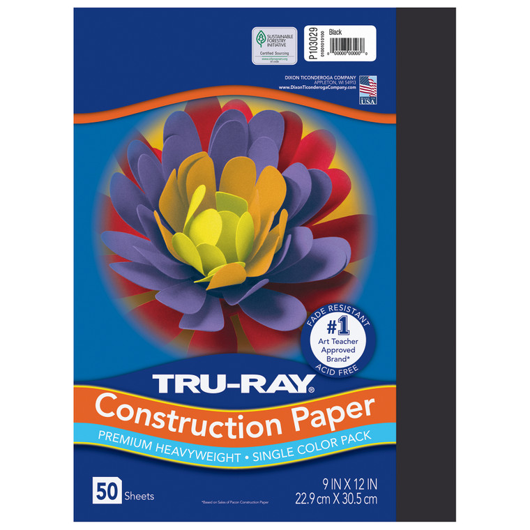 Construction Paper, Heavyweight, Black, 9" x 12", 50 Sheets Per Pack, 5 Packs