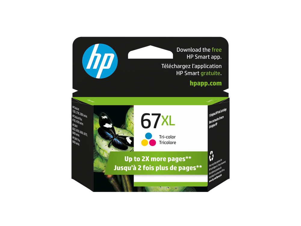 HP 67XL HIGH YIELD TRI COLOR TONER CARTRIDGE, 200 PAGE YIELD, DeskJet 1255, 2700, 4100; ENVY 6000, 6400