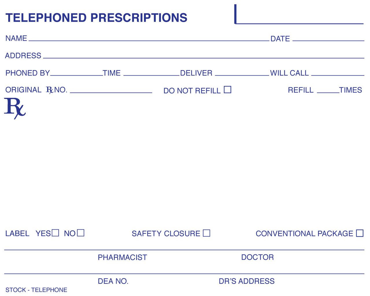 Stock Rx Pad NonTR 5 x 4 Telephone