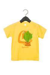 Spinach Shirt in American Sign Language. ASL sign for Spinach on a yellow background with the word "Spinach" beneath. Perfect for Deaf people, new signers and ASL students.