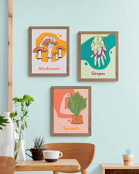 Three ASL prints appear side by side. The prints show the American Sign Language signs for "mushroom", "grapes" and "spinach".