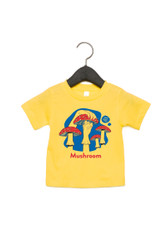 Mushroom Baby Shirt in American Sign Language. ASL sign for Mushroom on a bright yellow background with the word "Mushroom" beneath. Perfect for Deaf people, new signers and ASL students.