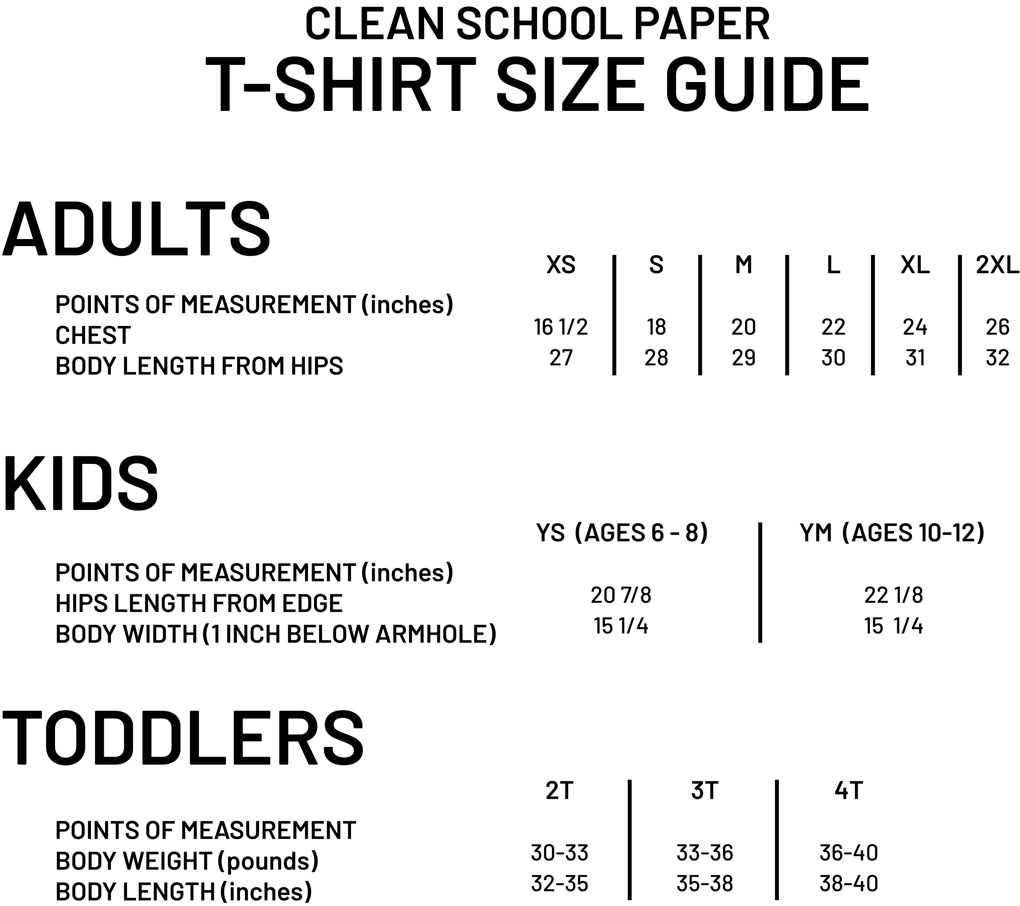 T-Shirt Size Guide - Adults, Kids, Toddlers - Clean School Paper
