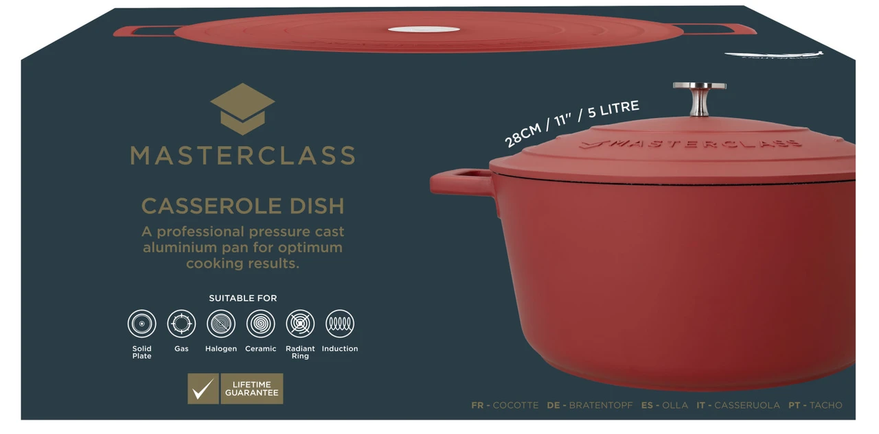 MasterClass Cast Aluminium Casserole Dish, 5L, Red - Lifetime Brands Europe