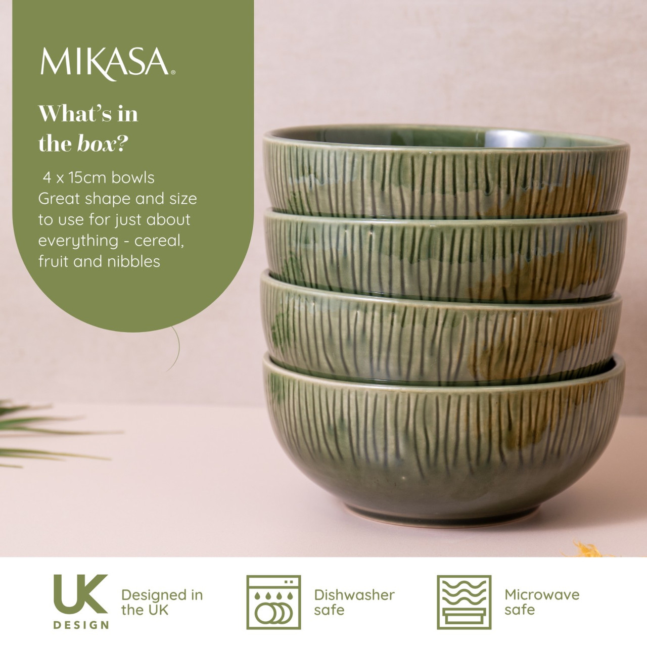 Mikasa Jardin Stoneware 4Piece Cereal Bowl Set, 15cm, Green Lifetime