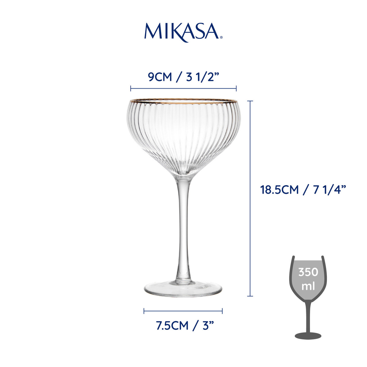 MIKASA Sorrento geribbelde kristallen witte wijnglazen met gouden rand en brede vorm, 375ml, set van 4 loodvrije, heldere fijne glazen, slank ontwerp voor feesten