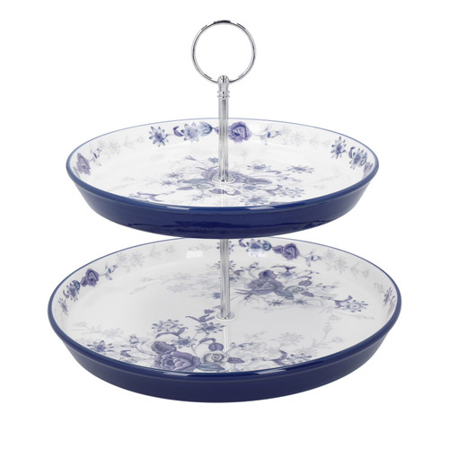 London Pottery Blue Rose Two-Tier Cake Stand, Ceramic, Almond Ivory / Blue