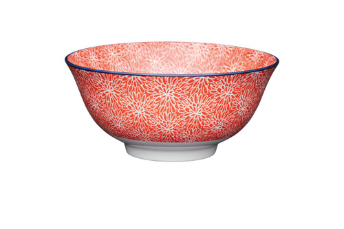 KitchenCraft Red Floral and Blue Edge Ceramic Bowl, 16cm