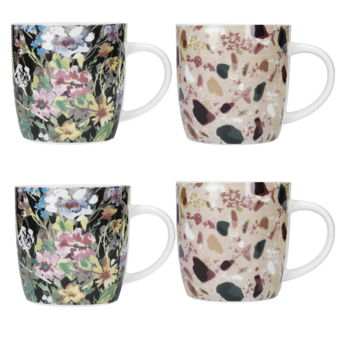 KitchenCraft Barrel Mug Set, Terrazzo Floral Design, Set of 4