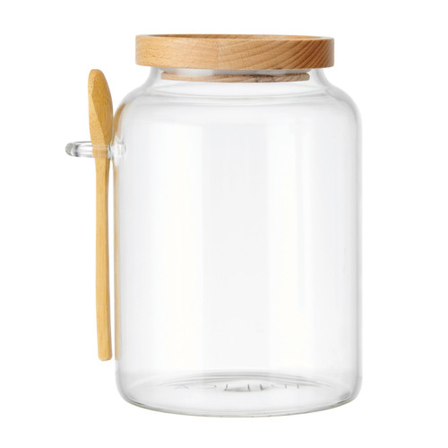 KitchenCraft Idilica Glass Storage Jar with Beechwood Lid and Bamboo Spoon, 1200ml